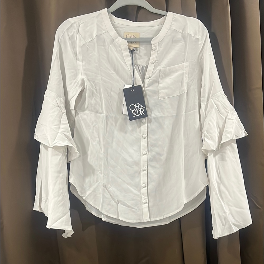 CHASER Bone Ruffled Mandarin Collar Blouse- S
